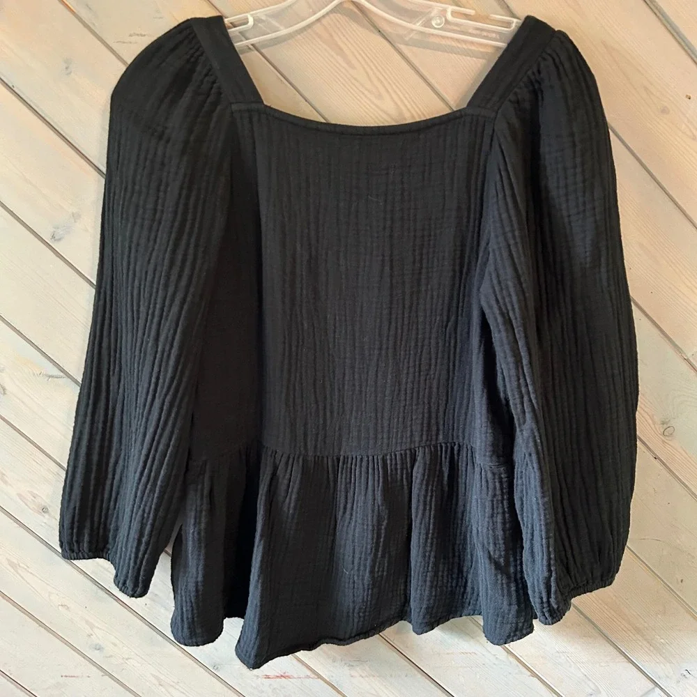 Madewell Black Double Gauze Peplum Top Square Neck Long Sleeve Cotton XS oversiz